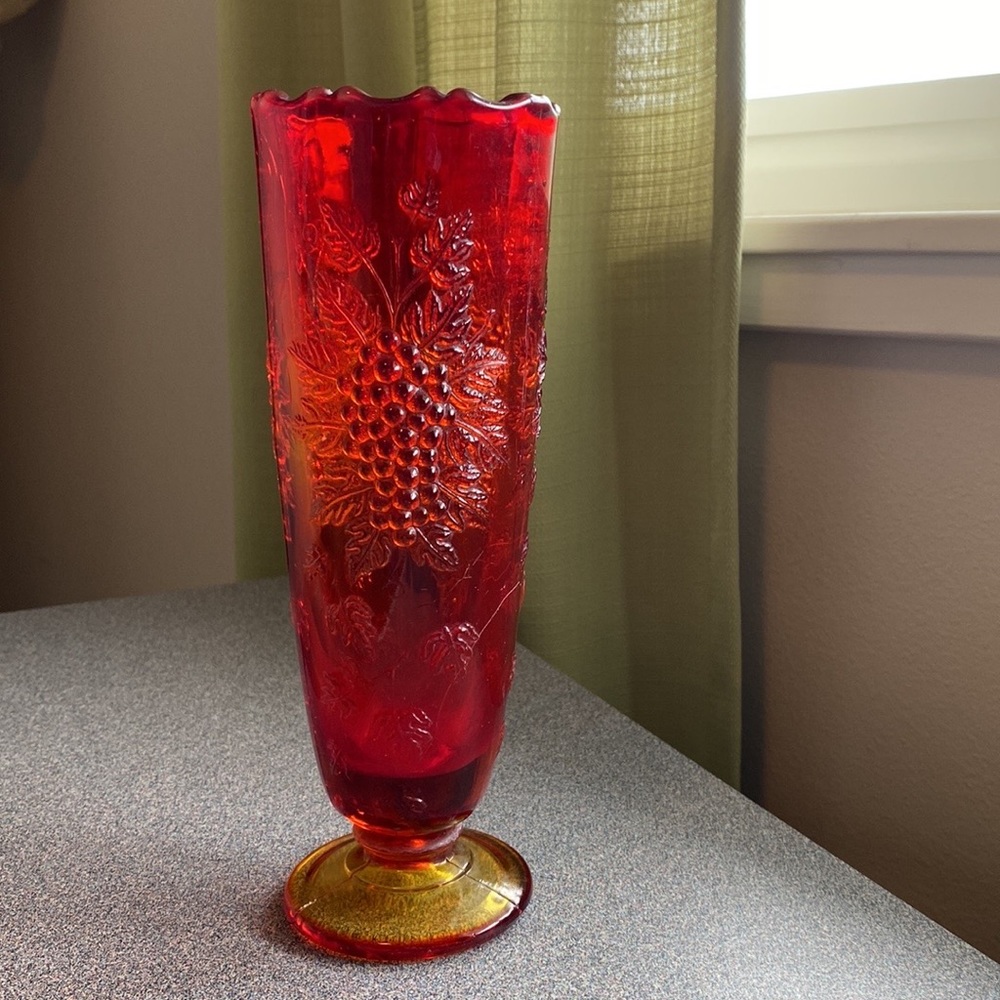 Vintage Glass Vase with Grape Motif and Scallop Edges